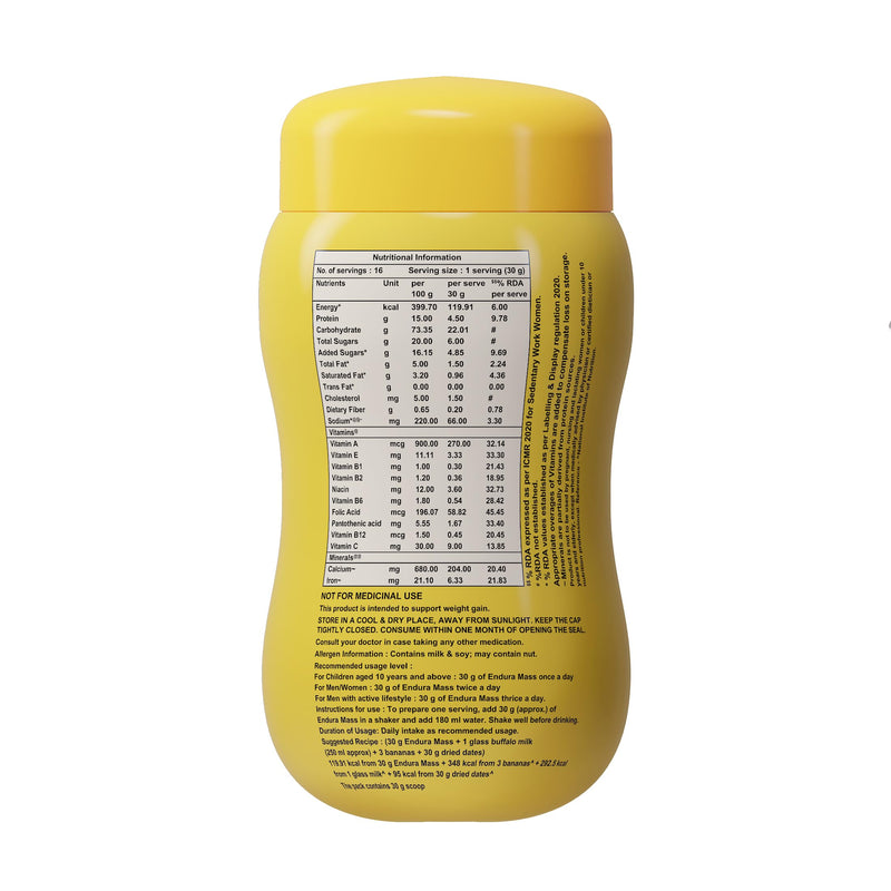 Endura Mass Weight Gainer Powder 500g Banana Flavour | Unique blend of 3 Sources of Protein, Carbs, Vitamins & Essential Minerals | Ideal for Children Above 10 Years, Men, Women & Athletes