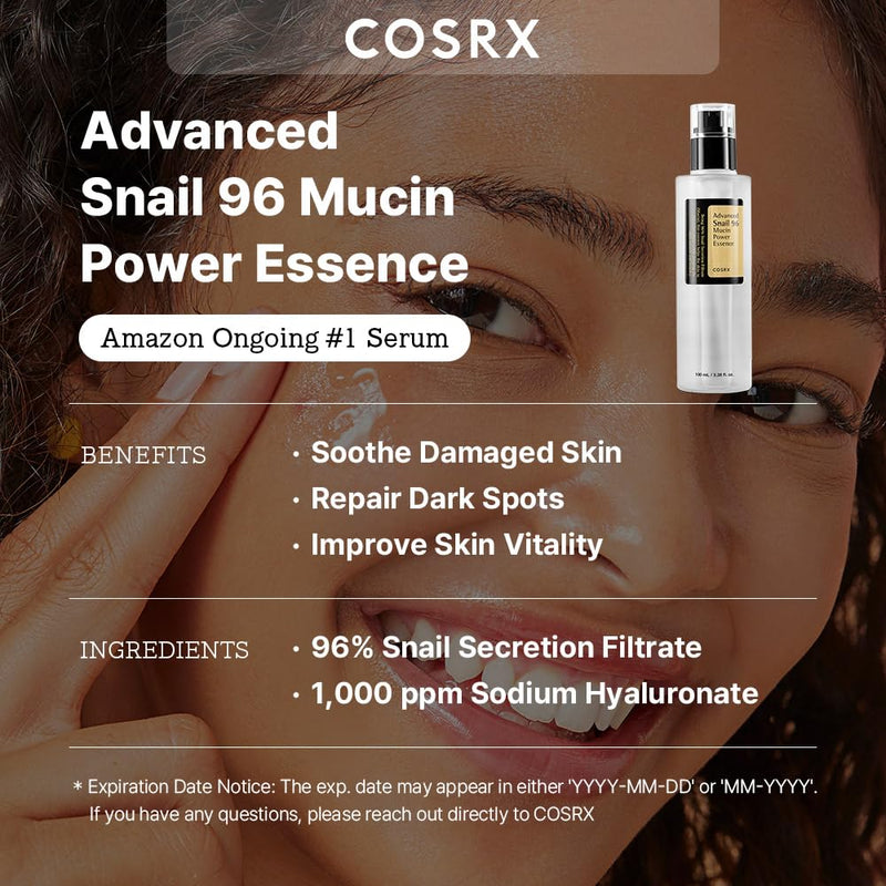 COSRX Snail Mucin 96% Power Repairing Essence 3.38 fl.oz 100ml, Hydrating Serum for Face with Snail Secretion Filtrate for Dull Skin & Fine Lines, Korean Skincare 3.38 Fl Oz (Pack of 1)