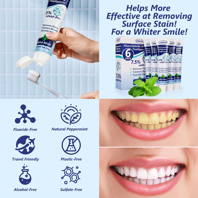 [Australia] - 7.5% Nano Hydroxyapatite Toothpaste,6 Pack Fresh Breath Whitening Toothpaste for Remineralizing Enamel & Sensitive Relief,Antiplaque,Natural Peppermint,Fluoride-Free 3 Ounce (Pack of 6) 