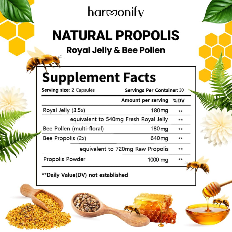 Bee Pollen Propolis Royal Jelly Extract with Carob, Pure Immune Support Supplement, Gluten-Free, Vegetarian Capsules, 1000 mg