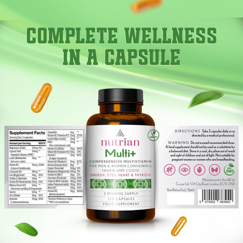 Multivitamin & Mineral Complex for Men & Women | Thyroid & Energy Support | CoQ10 100mg, Vitamin D3 2000 IU & K2 MK-7, Magnesium, Taurine, B-Complex with 5-MTHF | 120 Capsules