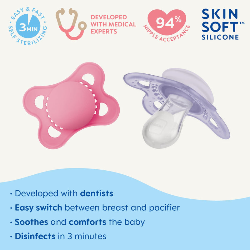 MAM Original Matte Baby Pacifier, Nipple Shape Helps Promote Healthy Oral Development, Sterilizer Case, 2 Pack, 0-6 Months, Girl,2 Count (Pack of 1) Rose Pink / Fairy Dust 2 Count (Pack of 1)