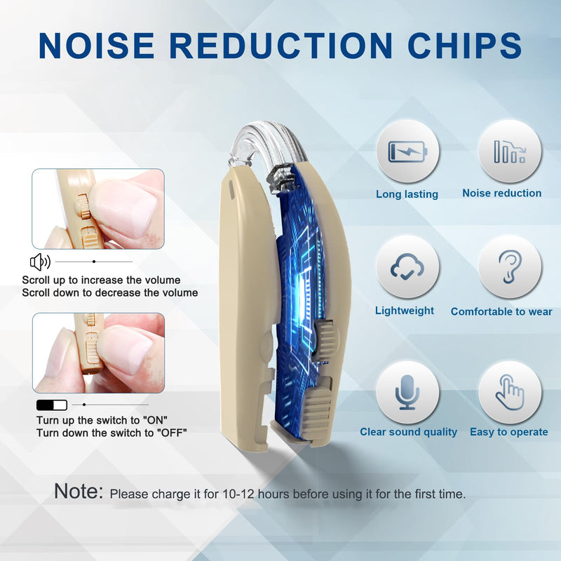 Rechargeable Hearing Amplifier for Adults with Smart Noise Reduction, BTE Hearing Amplifier for Seniors with Natural Sound, Charging Box Indicating Remaining Power(Brown)