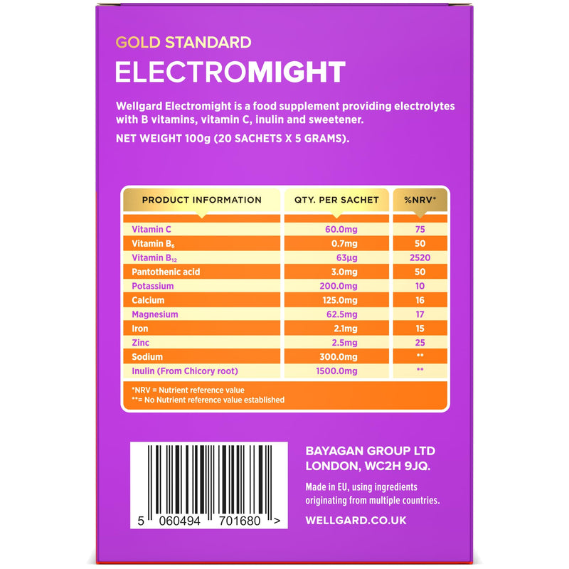 Wellgard Electromight - Electrolytes Sachets, Zero Sugar Rehydration Sachets with Magnesium, Iron & Vitamin C, Electrolyte Powder Sachets, 20 Sachets