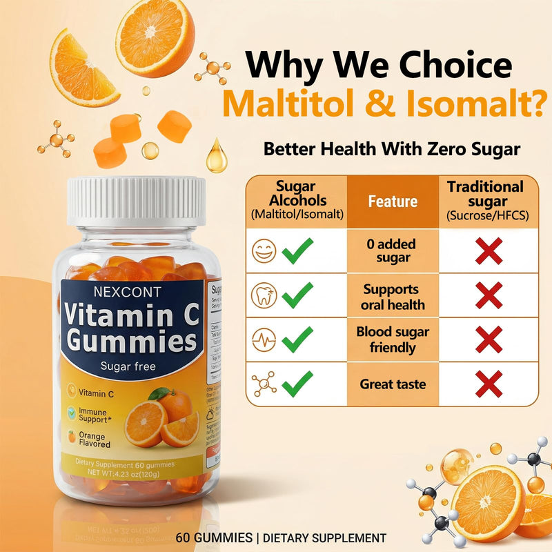 Vitamin C Gummies for Adults, Sugar Free with Orange Flavored, Vitamin C Gummies, Supports Skin Health & Immune Function, 60 Count 30-Day Supply.
