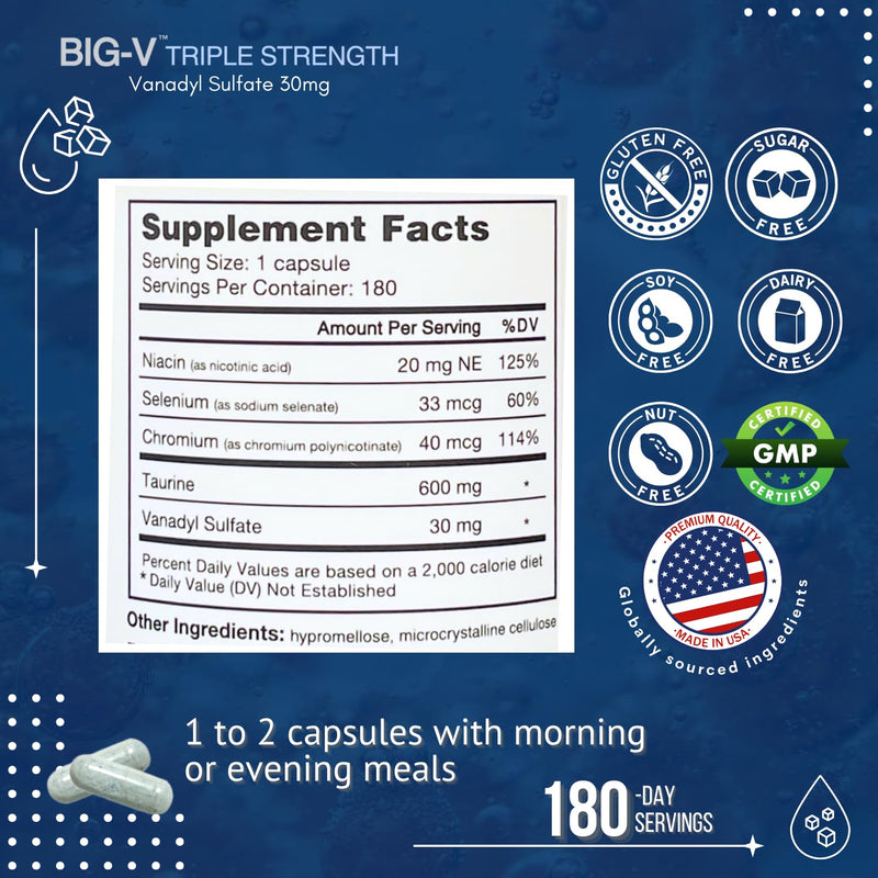 [Australia] - Big-V Triple Strength Vanadyl Supplement: Vanadyl Sulfate 30 mg, Taurine 600 mg, Selenium, Chromium and Niacin, Blended Mineral Supplement, 180 Capsules 180 Count (Pack of 1) 