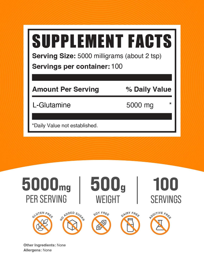 BulkSupplements.com L-Glutamine Powder - Glutamine Supplement, L-Glutamine 5000mg, L Glutamine Powder - Unflavored & Gluten Free, 5000mg per Serving, 500g (1.1 lbs) (Pack of 1) 100 Servings (Pack of 1)