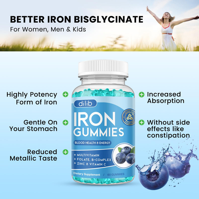 Iron Gummies with Multivitamin, Iron Supplement for Women & Men with Zinc, Vitamin B Complex & C, B12, Folate - Blood Builder & Energy Support for Adults & Kids - Blueberry Flavor, Vegan 60 Gummies 60 Count (Pack of 1)