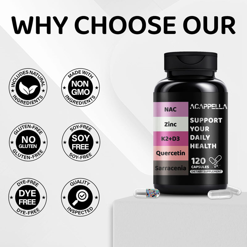 ACAPPELLA Vitamin D3 K2 Capsule Quercetin NAC N-Acetyl Cysteine Sarracenia Supplement Zinc Supplements 120 Count