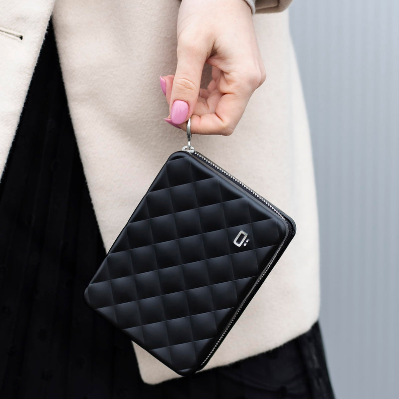 Aluminum Companion Wallet for women, RFID protection. Model: HELSINKI LARGE | Spacious travel wallet. Holds up to 15 cards, a passport, cash & coins. Zip closure keeps essentials secure. Black