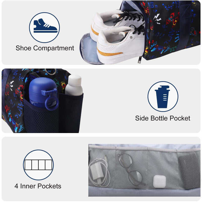 Gym Travel Duffle Bag for Girls - Gymnastics Sports Dance Bag with Shoe Compartment & Wet Pocket Panda Kids Travel Bag Teens Weekender Sleepover Carry On Bag Deep Blue Game