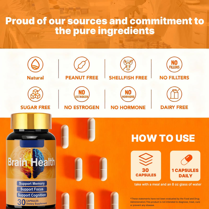 Brain Supplement for Memory and Focus, with NAD+ GPC Folate & Vitamin B12 | Brain Health Nutrition for Daily Cognitive & Brain Wellness, Mental Clarity Support, Improves Concentration 30 Capsules