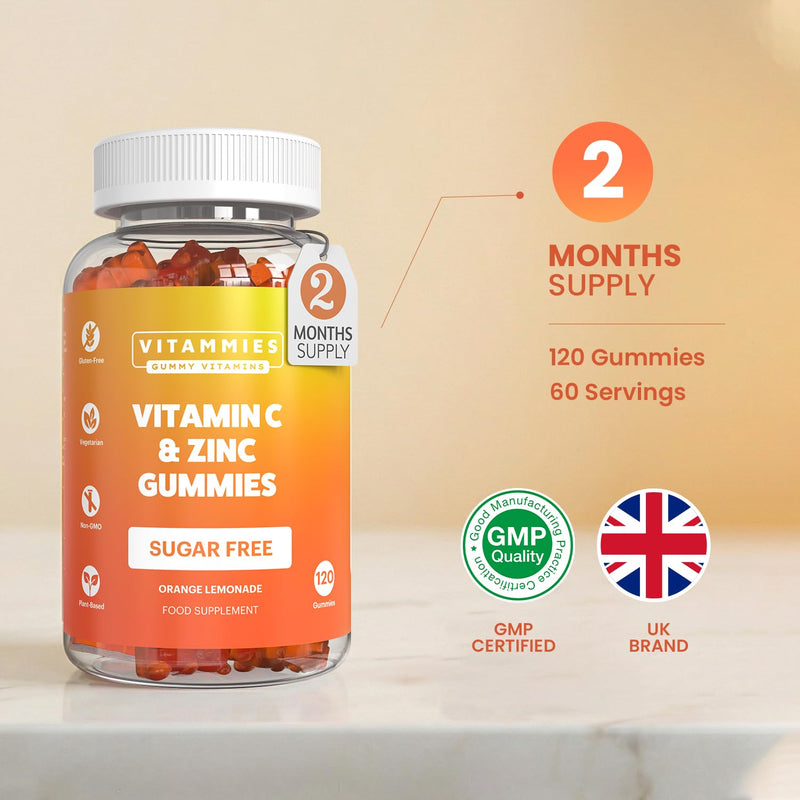 Vitammies Vegan Sugar Free Vitamin C and Zinc Gummies – Chewable Orange Lemonade Flavor Gummies Vitamins Adults and Kids – 200mg Vitamin C Per Serving for Daily Wellness (120 Units)