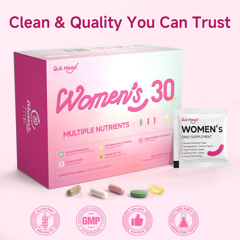 Multivitamin for Women 30+ with D3+K2, Probiotics & NR | Daily Vitamin Packs with Ashwagandha & L-Theanine, Portable Packs for Energy, Gut Health, Bone Support, 30 Day Supply 1 Box