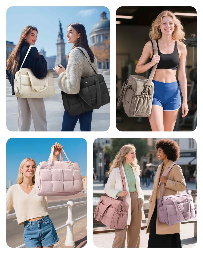 BAGSMART Gym Bag for Women, Personal Item Puffer Duffle Bag, Weekender Overnight Carry On Tote Handag for Travel Camel
