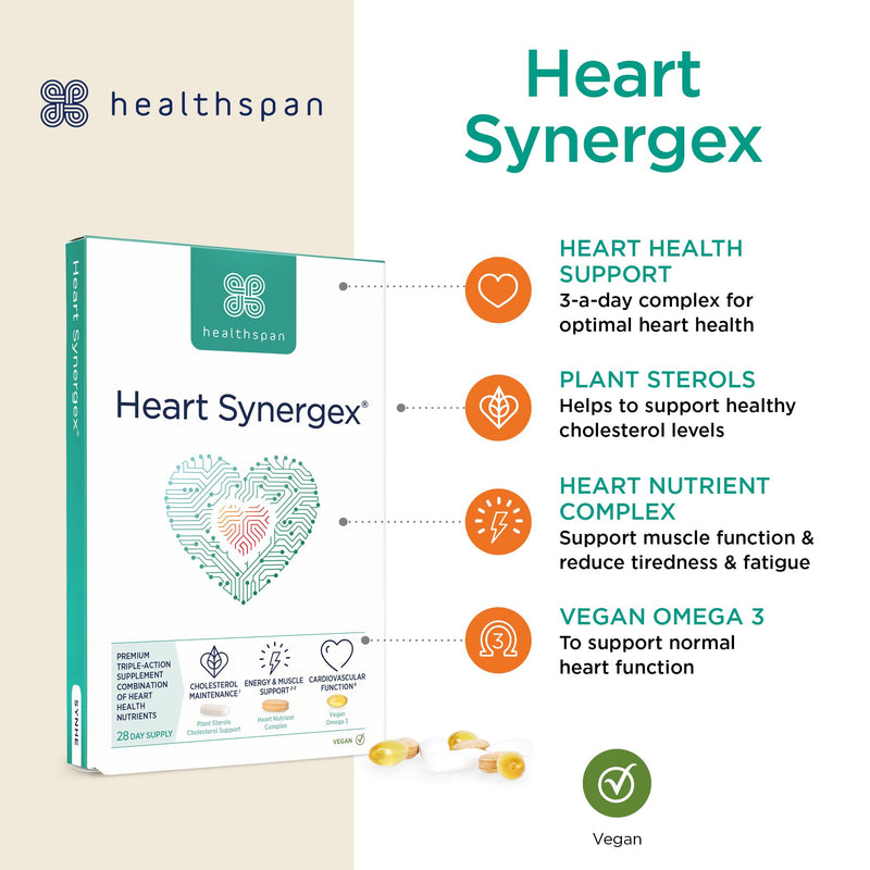 Healthspan Heart Synergex | 28 Day Supply | Heart Health Complex | Cholesterol Maintenance | Supports Energy & Muscle Function | Plant Sterols | Heart Nutrient Complex | Omega 3 | Vegan