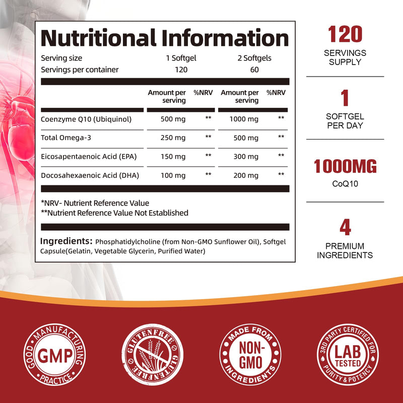 1000mg Liposomal CoQ10 Ubiquinol with Omega-3 Softgels, Advanced Coenzyme Q10 High Strength & Absorption, Naturally Fermented CoQ10 Supplement for Antioxidant, Heart & Energy Support - 120 Count