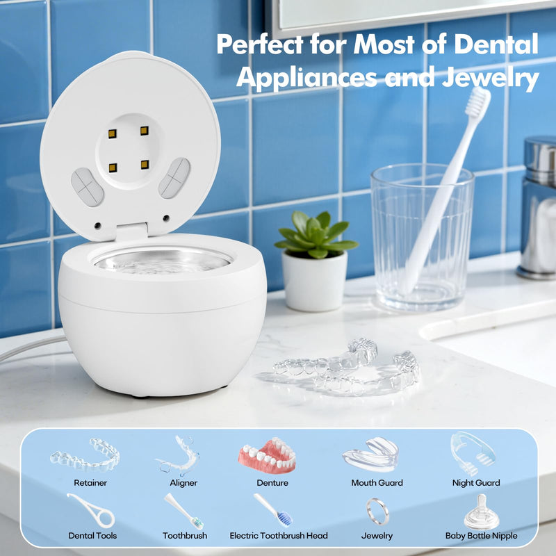 Upgraded Ultrasonic Retainer Cleaner Machine, 48kHz Ultrasonic Dentures Cleaner for Mouth Guards, Braces, Aligner, Toothbrush & Jewelry, 200ML Capacity, White Pearl White
