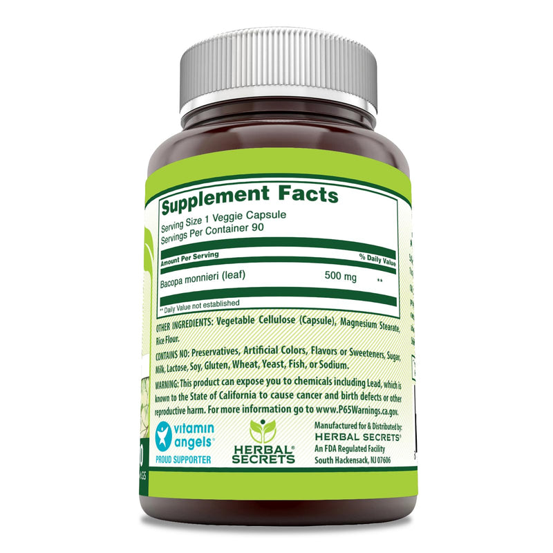 [Australia] - Herbal Secrets Bacopa Powder 500 Mg 90 Veggie Capsules Supplement | Non-GMO | Gluten Free | Made in USA 