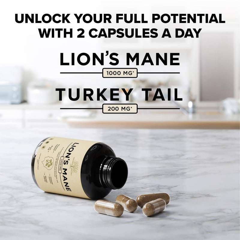 [Australia] - Lions Mane Supplement Capsules with Turkey Tail ‚Äì Nootropic Brain Fog, Focus, Memory, Nerve Function, & Immune Support Supplement ‚Äì Non-GMO 1200 Mg Lions Mane Mushroom Supplement, 120 Caps. 120 Count (Pack of 1) 