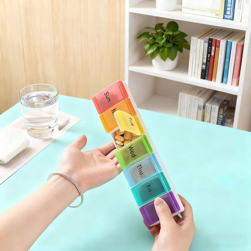 Pill Organizer, Weekly Portable Pill Dispenser, Travel Daily Case | 7 Compartment Medication Planner Case Box Holder for Vitamin, Medicine, Fish Oil, Supplements, Transparent, 7-Color lid Box