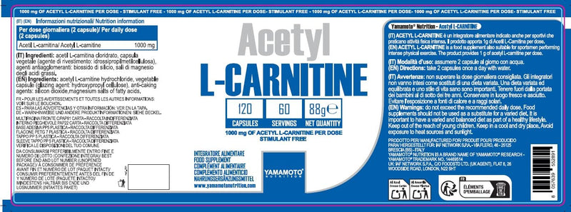 [Australia] - Yamamoto Nutrition Essential Acetyl-l-carnitine 1000 mg 60 capsules, 100 g 