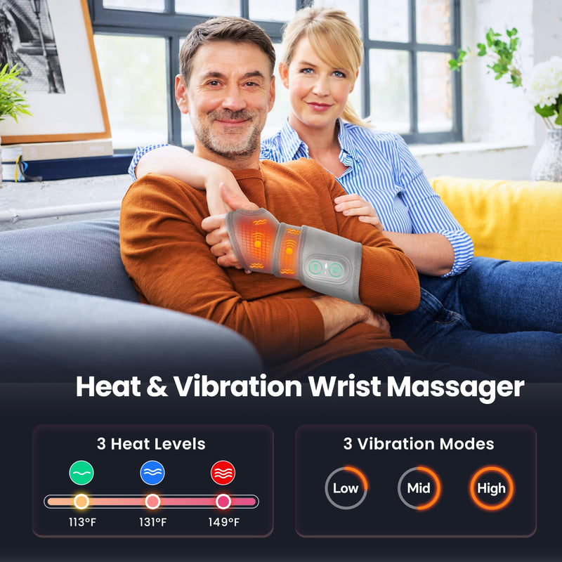 Cordless Wrist Heating Pad Wrap, Heated Wrist Brace with Vibration, Heated Wrist and Hand Massager, 3 Heat Levels, 3 Massage, Rechargeable Heating Pad for Wrist and Hand, Elbow, Ankle Light Grey