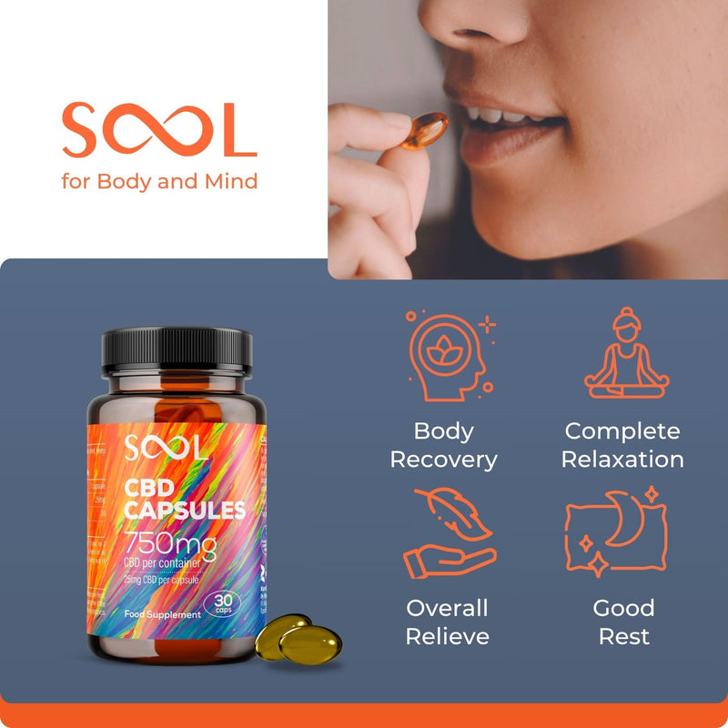 SOOL CBD Capsules 750mg 30pcs | 25mg CBD Per Gel Soft Capsule | Broad Spectrum CBD Oil Capsules | Blended with Hemp Oil | Relax - Recover - Revive 30 count (Pack of 1)