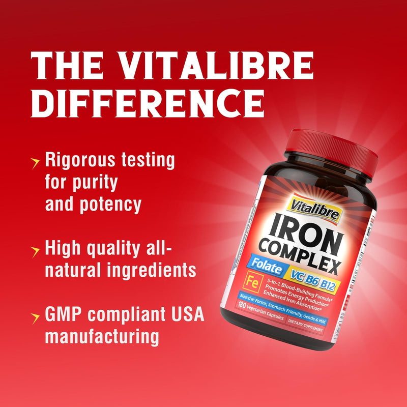 Iron Supplement for Women & Men, with Vitamins C, B6, B12 & Folate | for Iron Deficiency, Blood Building & Energy Support, Stomach Friendly, Better Absorption, Non-GMO, No Gluten, 180 Vegan Caps 180 Count (Pack of 1)