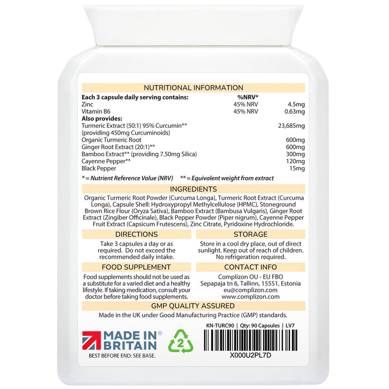 CurcuPlex - High Strength Turmeric Complex 24,285mg - 95% Curcumin Supplement - Ginger, Black Pepper and Zinc for Immune Support - 450mg Curcuminoids - Anti Inflammatory Joint Care - 90 Vegan Capsules