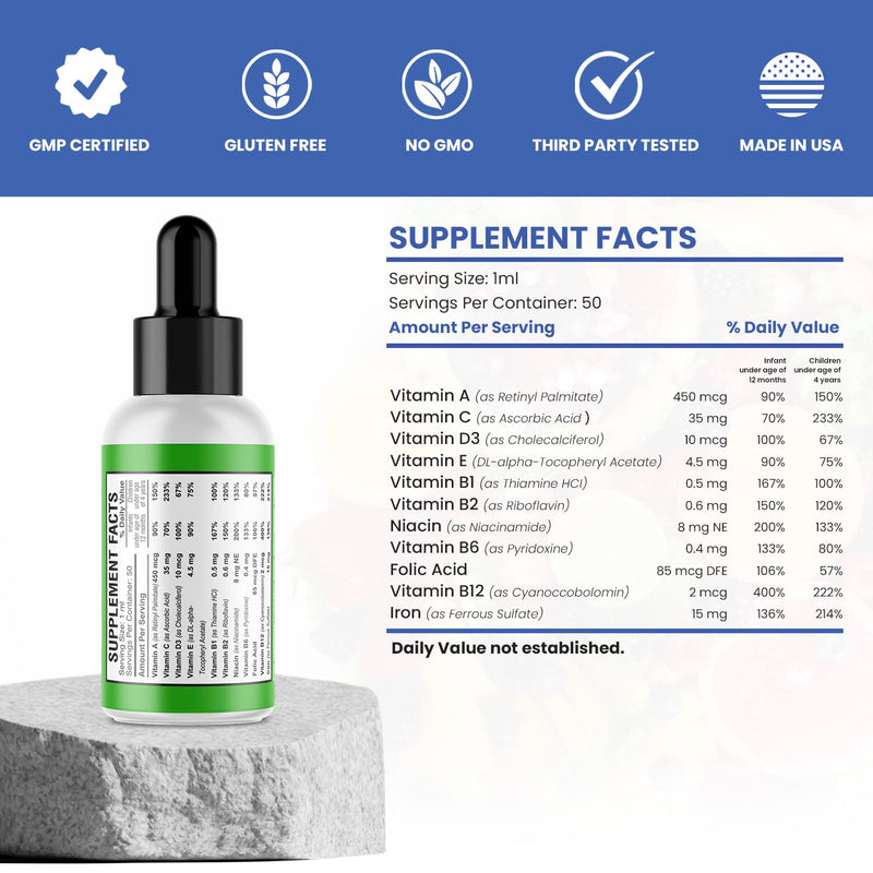 America Medic & Science PediaWell Complete (50mlL) | Liquid Multivitamin for Kids | Iron Supplement with Vitamins A and C for Babies and Toddlers | Vitamin Drops for Enhanced Growth and Development Complete, Natural Raspberry