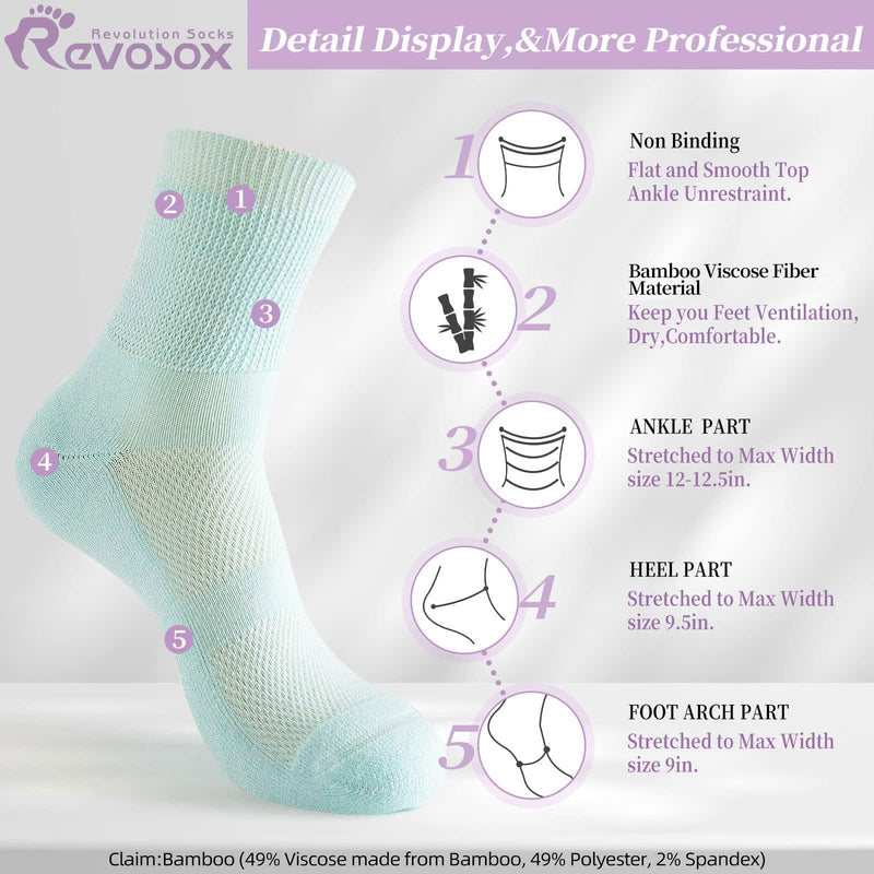 [Australia] - Revosoxs Diabetic Socks with Grippers for Men Women,5 Pairs Socks size 6-9 9-12 Black/Grey/Skyblue/Purple/Pink Large 