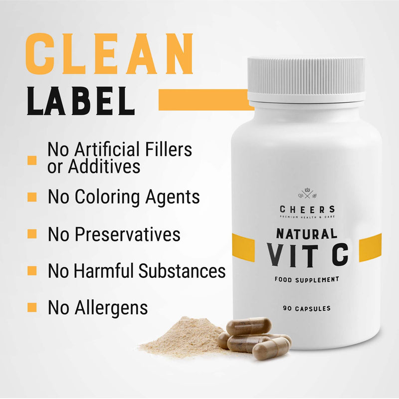 CHEERS - Natural Vitamin C, 90 Vegan Capsules, Immune System Booster Made from Rose Hip, 1000mg Vitamin C Tablets with Grapefruit and Acerola Extracts