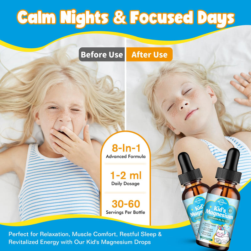 Kids Magnesium Glycinate Liquid Drops with Omega-3, Ashwagandha, Vitamin B6, D3, K2, Calcium & Chamomile - Magnesium Drops for Kids Sleep, Calm, Focus, Brain & Mood - Pineapple Flavor 2 Fl Oz (Pack of 1)