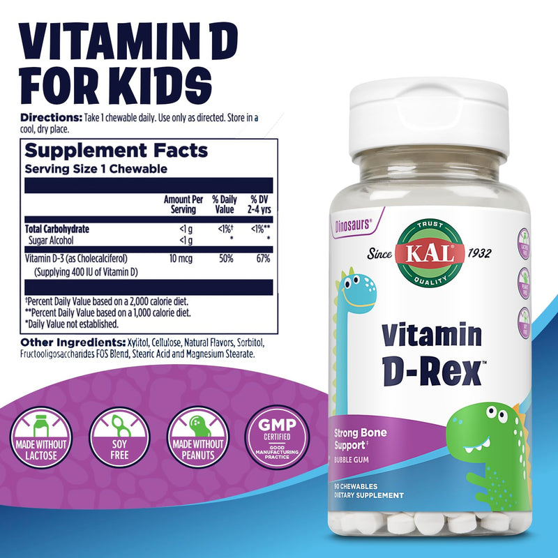 KAL Vitamin D-Rex Chewable, Childrens Vitamins 400 IU D-3, Bubble Gum Flavor, Strong Bone & Immune Support, Lactose/Peanut/Soy Free, 60-Day Guarantee, 90 Servings, 90 Dinosaur Shape Chewables 90 Count (Pack of 1)