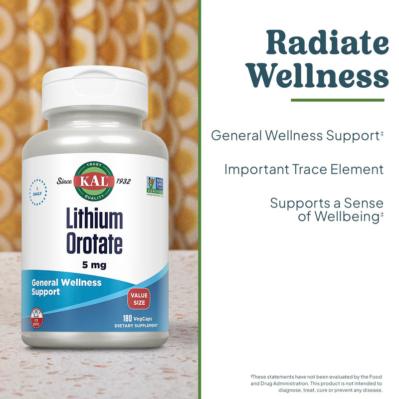 [Australia] - KAL Lithium Orotate 5mg, Low Dose Lithium Supplement for General Wellness Mood Support, Highly Bioavailable, Vegan, 60-Day Guarantee, 180 Servings, 180 VegCaps 180 Count (Pack of 1) 