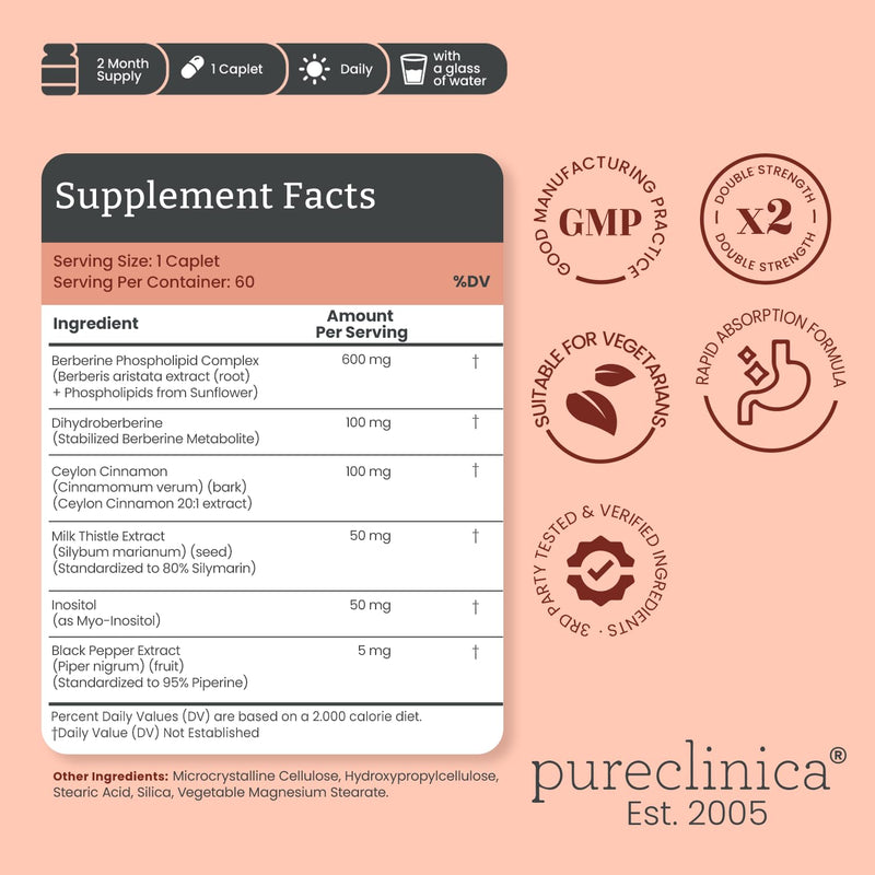 Double Strength Berberine Complex – 700mg Active Berberine x 60 Caplets – 2 Month Supply – with Dihydroberberine, Ceylon Cinnamon and Inositol