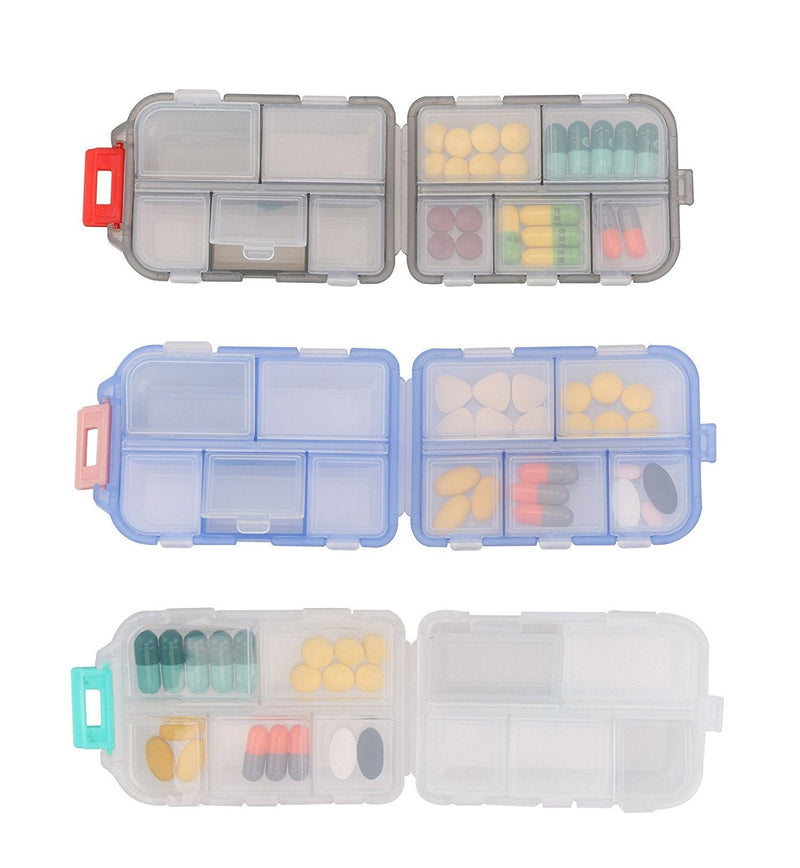 Pill Case - Portable Supplements Tablet Container Box with 10 Compartments - Medicine Capsule Vitamin Foldable Organizer Dispenser Holder Storage for Travel Trip Pocket Purse - Clear Black Translucent Black