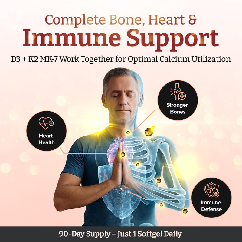 Double Strength Vitamin D3 + K2 (MK-7) – 4,000 IU D3 + 200mcg K2 x 90 Vegan Softgels – Plant-Based Lichen D3 & Natto MK-7 – Enhanced Absorption with MCT Oil - 3 Months Supply 90 count (Pack of 1)