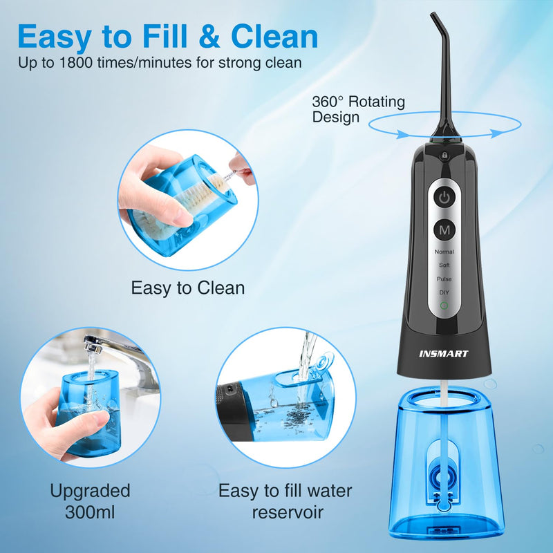 [Australia] - Cordless Water Dental Flosser Teeth Cleaner, INSMART Professional 300ML Tank DIY Mode USB Rechargeable Dental Oral Irrigator for Home and Travel, IPX7 Waterproof 4 Modes Irrigate for Oral Care Blue 