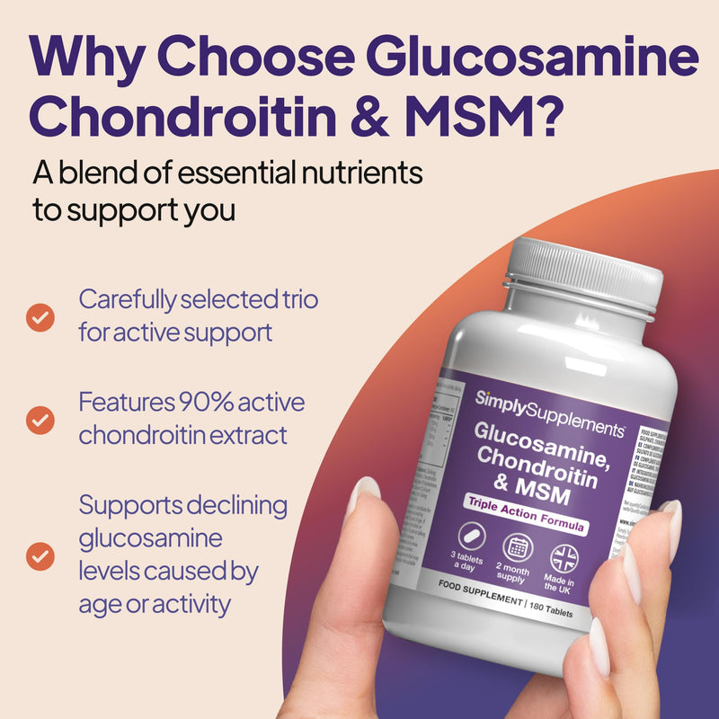 Glucosamine, Chondroitin & MSM Tablets | Supports an Active Lifestyle | 90% Active Chondroitin | 180 Tablets = 2 Months’ Supply | Manufactured in The UK in Accordance with GMP Standards Unflavoured 180 count (Pack of 1)