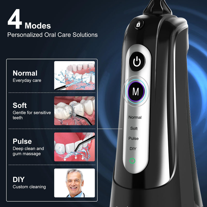 [Australia] - Water Dental Flosser Pick for Teeth: 4 Modes Cordless Portable Water Flossers Teeth Cleaner Rechargeable 300ML IPX7 Waterproof Oral Irrigator Flossing Cleaning Picks for Home Travel Black 