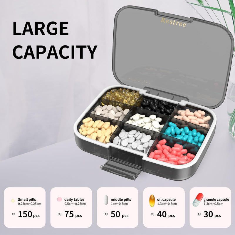 [Australia] - Large Pill Organizer, Portable Pill Dispenser, Moisture-Proof Travel Pill Case for Vitamin, Medicine, Fish Oil/Supplements Extra Large 9 compartments (Black) Black 