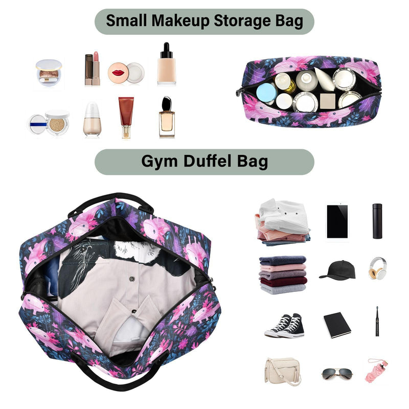 Cute Axolotl Animal Large Travel Duffle Bag Weekender Overnight Bags Gym Yoga Bag for Women Men with Toiletry Bag Multicolor 6