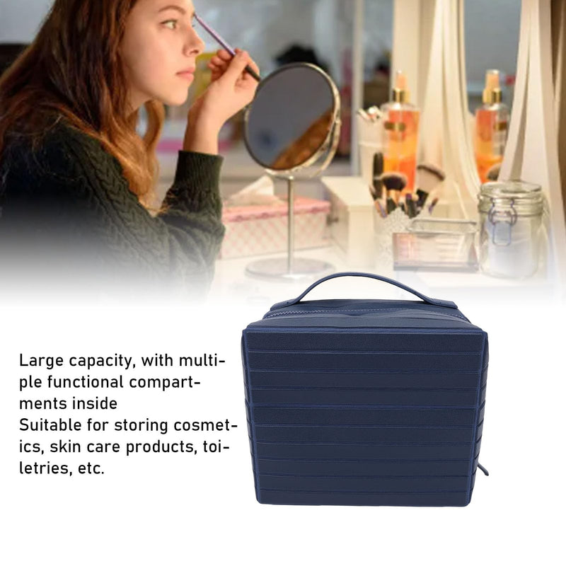 Vikye Foldable Makeup Bag, Large Capacity Flat Open Travel Cosmetic Case Zippered Toiletry Organizer with PU Leather and Canvas, for Skincare Navy Blue