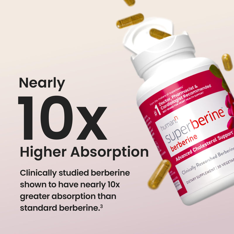 [Australia] - humanN SuperBerine Berberine Supplement - Cholesterol & Metabolic Clinically Researched Support - High Absorbency, Concentrated Dose Formula with Olive Leaf Extract - 30 Capsules 