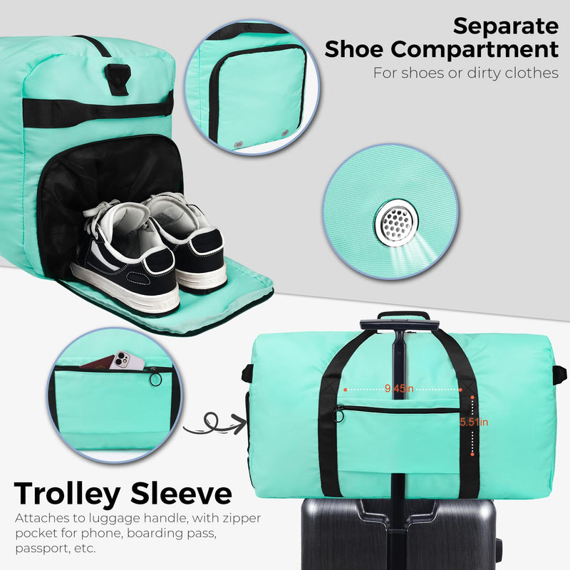 65L Duffle Bag Foldable Travel Duffel Bags for Men Women Travel Bag | Shoes Compartment, 65L Large Capacity, Foldable, Packable, Water Repellent, Tear Resistant, for Traveling Gym Overnight Camp Glossy Mint Green