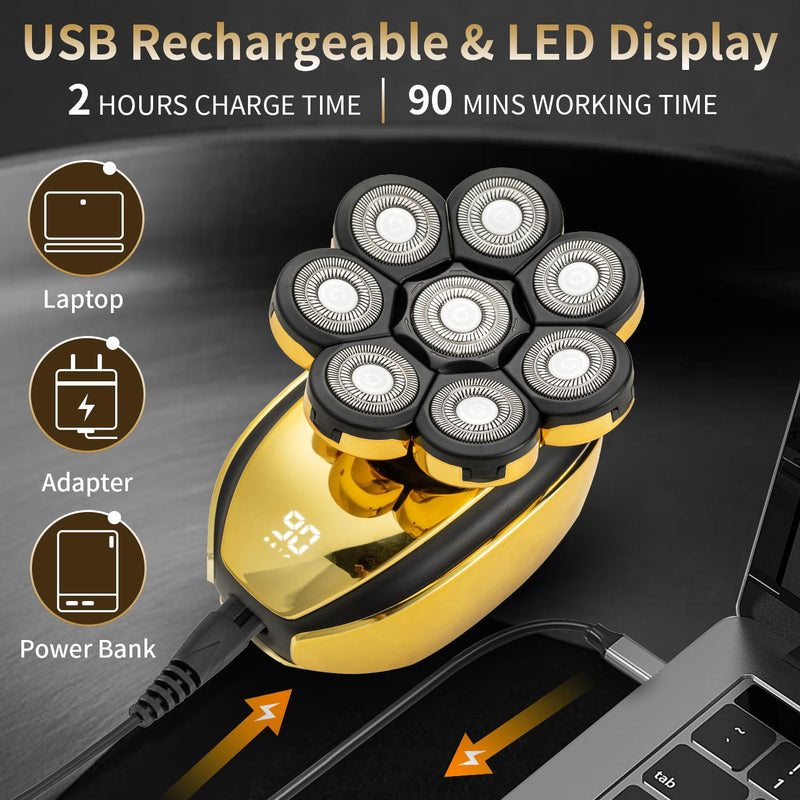 [Australia] - ROZIAPRO Head Shavers for Bald Men Rechargeable Electric Shavers for Men Cordless Electric Razor Waterproof 8D Head Hair Shaver Multifunctional Rotary Shaver Grooming Kit Gold-03 