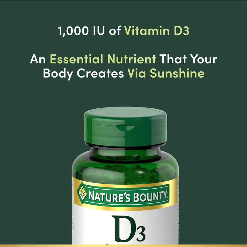 Nature's Bounty Vitamin D3 1000 IU Softgels, 350 Count | Immune Support, Promotes Healthy Bones, 1 Softgel per Day, Gluten Free 350 Count (Pack of 1)