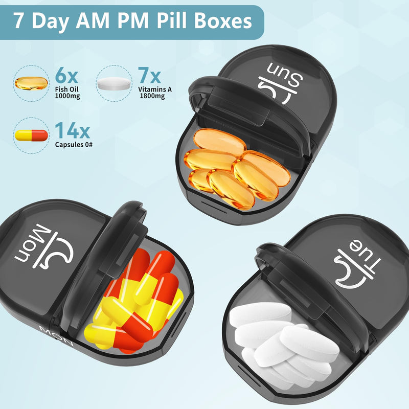 Serfeymi Weekly Pill Organizer 2 Times a Day AM PM Travel Pill Box 7 Day | Medicine Pill Organizer with Protection Pill Case Daily Medication Box for Vitamins,Supplement- Black Case + Black Pill Box C-black+black